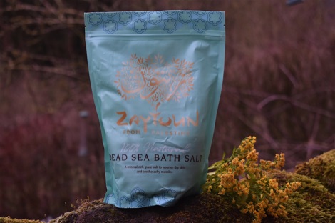 A green bag of Zaytoun Dead Sea bath salts